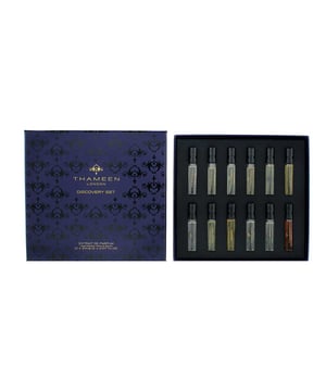 Thameen Discovery Set Extrait De Parfum is an elegant gift set that offers twelve of Thameen’s most captivating creations. This gift set is perfect for fragrance exploration and discerning gifting.

Amber Room is an amber oriental unisex extrait that radiates warmth and depth. The composition features spicy and citrus brightness at first, which evolves into resinous richness.
Top Notes: Guatemalan cardamom, Pink pepper, Cypriol, Cypress 
Heart Notes: Cedarwood, Patchouli, Iris, Indian oud  
Base Notes: Haitian vetiver, Amber, Musk, Labdanum, Sandalwood, Vanilla 

Cullinan Diamond is a refined silhouette that blends spice, powdery florals, and comforting warmth, unisex and elegantly understated.
Top Notes: Black pepper 
Heart Notes: Rose, Vanilla  
Base Notes: Musk  

Patiala is a bright, floral amber composition that starts with shimmering florals and settles into soft, musky warmth.
Top Notes: Orange blossom  
Heart Notes: Geranium, Rose, Amber  
Base Notes: Musk  

Rivière is balanced and alluring> This extrait layers spice, florals, leather, and amber into a seductive unisex scent.
Top Notes: Saffron, Lemon blossom accord 
Heart Notes: Patchouli, Oud accord, Leather  
Base Notes: Amber accord  

Blue Heart is softly exotic and creamy. This scent blends tropical creamy sweetness with powdery florals and lingering base notes.
Top Notes: Saffron, Coconut  
Heart Notes: Orris root, Tonka bean  
Base Notes: Vanilla, White Musk  

Diadem is a regal floral oriental fragrance blending lavender with rich spices and deep woody amber undertones in a unisex balance.
Top Notes: Lavender  
Heart Notes: Rose, Vanilla absolute  
Base Notes: Patchouli  

Peacock Throne is an opulent floral woody blend centered around Taif rose, elevated with peppery highlights and creamy sweetness.
Top Notes: Bergamot, Ginger  
Heart Notes: Taif rose  
Base Notes: Patchouli

Royal Sapphire is a bright citrus and amber compose.
Top Notes: Bergamot, Mandarin  
Heart Notes: Amber  

Carved Oud is a smoky woody gourmand fragrance that combines peppery spices with rich oud and a creamy resinous base.
Top Notes: Pink pepper  
Heart Notes: Oud, Cedarwood  
Base Notes: Musk

Imperial Crown is a spicy-woody extrait enriched with ceremonial frankincense and deep earthy accords.
Top Notes: Elemi, Pepper 
Heart Notes: Leather  
Base Notes: Patchouli  

Peregrina is a lush and indulgent fragrance that features creamy white florals cloaked in amber and musk, decadent and sensual.
Top Notes: Lily of the valley, Ylang‑ylang  Niche Beauty
Heart Notes: Myrrh, Amber  Niche Beauty
Base Notes: Musk  Niche Beauty

Sceptre is a regal and richly spiced fragrance, that melds fruity florals, warm resins, and deep amber into a sophisticated unisex blend.
Top Notes: Coriander, Peach  Niche Beauty
Heart Notes: Wisteria, Ylang‑ylang, Patchouli  Niche Beauty
Base Notes: Amber, Myrrh  Niche Beauty

How to Apply

Apply each fragrance from the discovery set as follows:

Start with a clean skin canvas.

Spray onto your body's warmest points—such as the crease of the wrists and inside the elbows—to enhance longevity.

Do not rub after application; rubbing diminishes the scent's longevity.

For wrist application, apply the fragrance after hand washing.