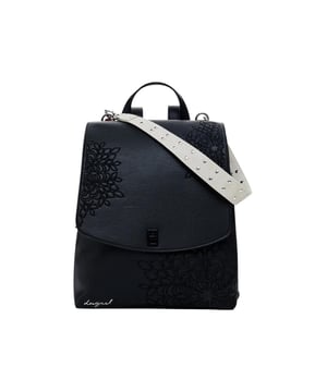 Marca: Desigual.
  Genero: Mujer.
  Tipo: Bolsos.
  Temporada: Otono/Invierno.
  Color: negro.
  Cierre: boton de gancho.
  Bolsillos: bolsillos interiores y exteriores.
  Tamano (cm): 28x24x11.
  Detalles: mochila.
  Codigo del articulo: 25WAKP19.
  Composicion: 100% poliuretano.