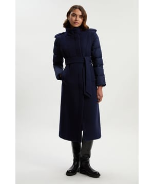 Wool Hybrid Puffer High Neck Belted Midi Coat