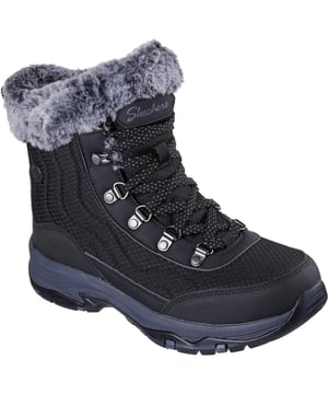 Take the winter on in stylish comfort with Skechers Trego Winter Feelings. This anti-slip waterproof  winter trail boot features a quilted woven fabric and synthetic upper, faux-fur fold-over collar and lining, plus a cushioned Memory Foam insole.