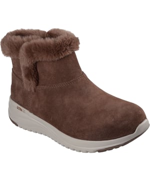 Enjoy the classic coziness of a classic shearling style bootie with premium Skechers comfort wearing Skechers On-the-GO Stellar - Cozy Step. This pull-on waterproof boot features a mid-top suede upper with faux fur trim and lining