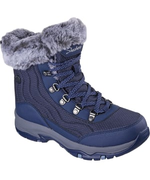 Take the winter on in stylish comfort with Skechers Trego Winter Feelings. This anti-slip waterproof  winter trail boot features a quilted woven fabric and synthetic upper, faux-fur fold-over collar and lining, plus a cushioned Memory Foam insole.