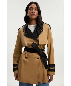Colour Block Belted Tailored Short Trench Coat