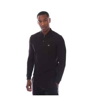 Mens C.P. Company Stretch Piquet Long Sleeve Polo Shirt in black- Ribbed polo collar.- Two button placket.- Long sleeves with ribbed cuffs.- Embroidered logo patch at left chest.- Split hem to the sides.- Tonal back neck tape.- Regular fit.- 95% Cotton  5% Elastane.  Machine washable.- Ref: 19CMPL093A 005263W 999