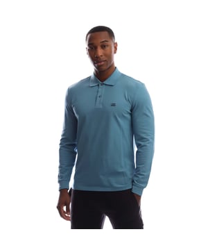 Mens C.P. Company Stretch Piquet Long Sleeve Polo Shirt in Aegean blue.- Ribbed polo collar.- Two button placket.- Long sleeves with ribbed cuffs.- Embroidered logo patch at left chest.- Split hem to the sides.- Tonal back neck tape.- Regular fit.- 95% Cotton  5% Elastane.  Machine washable.- Ref: 19CMPL093A 005263W 815