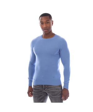 Mens Emporio Armani Pure Cashmere Jumper in blue. Pure cashmere plain-knit jumper - a celebration of a classic style  thanks to the extremely plush and snug feel of pure cashmere  which immediately confers the brand’s unmistakable  charming style. A garment that can be worn either on its own or under classic outerwear.- Ribbed crew neck.- Long sleeves.- Ribbed cuffs and hem.- Micro eagle embroidered on the left hem.- Fineness: 12- 100% Cashmere.  Dry clean.   - Ref: 8N1M39 1M71Z 0702