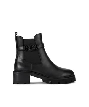 This Kurt Geiger Bromley Chelsea Boot is crafted from a black leather. There is a black, round branded chain on the outside of the elasticated ankle. Sole height: 5cm.