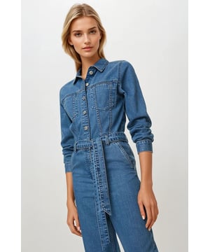 This denim belted jumpsuit offers a flattering tie-around waist design that enhances your silhouette while providing adjustable comfort. It features a classic button-up front and practical pockets, combining style with everyday functionality. Perfect for effortless dressing, it transitions seamlessly from casual outings to relaxed workdays.

51" Shoulder to Hem.