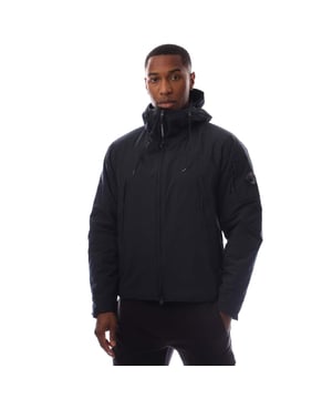 Mens C.P. Company Pro-Tek Hooded Padded Jacket in total eclipse.Hooded padded jacket crafted in Pro-Tek  a Polyester mechanical stretch that combines the weight and comfort of a sweatshirt with the protection of an outer layer.  Padded with Primaloft® Silver wadding  an insulation solution with high thermal and breathability properties. Anti-drop treated.- Fixed hood with adjustable bungee drawcord.- Two-way full zip fastening.- Side hidden zip pockets.- Inside chest pocket.- Iconic C.P. Company lens detail pocket at left sleeve.- Adjustable snap cuffs.- Adjustable bungee drawcord at hem.- Primaloft® Silver padding.- Regular fit.- Main material: 100% Polyester.  Lining: 100% Polyamide.  Padding: 100% Polyester.  Machine washable.- Ref: 19CMOW006A 110264A 888