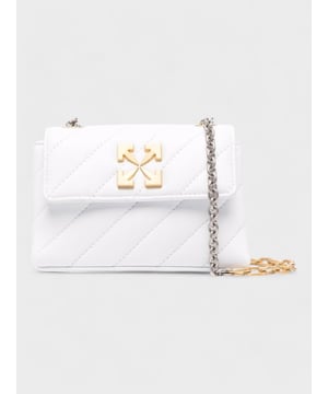 This Off-White Jackhammer 17 shoulder bag in white leather boasts a quilted finish, a gold-tone logo plaque, mixed-metal hardware, a foldover top with magnetic fastening, a chain-link shoulder strap, and a partitioned compartment.