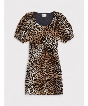 The GANNI Ruched Mesh Mini Dress in Leopard Print combines playful texture with a bold pattern. Its ruched detailing enhances the silhouette, while the mesh fabric adds a light, breathable feel. A stylish choice for any occasion that calls for a standout dress.