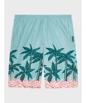 Palm Angels reflects its Californian inspirations onto these light-blue swim shorts – they're saturated with a watercolour-like print of a palm grove on pink waves, recalling the American state's landscape.


Made in Italy


Highlights

multicolour
palm tree print
mini logo tag
straight leg
elasticated waistband
two side inset pockets
straight hem
knee-length
Be mindful to try on swimwear over your own garments.







Composition
Outer: Polyester 100%
Lining: Polyester 100%
