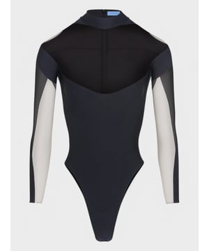 Turtleneck bodysuit by Mugler featuring an alluring form-fitting silhouette with a tall neckline and an open scoop detail at the chest, long sleeves with contrasting sheer panels, high-thigh slits, and an adjustable snap buttons closure at the bottom. Style with matching leggings, strappy stiletto sandals, and a small clutch for a cool clubbing night with friends edit.
Dimensions: Fits true to size
Composition: Material 1: 80% polyamide, 20% elastane; Material 2: 77% polyester, 23% elastane; Material 3: 100% cotton
Care: Dry clean only