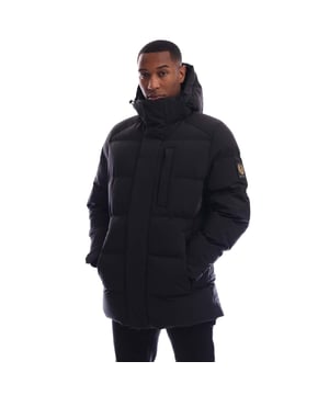 Mens Belstaff Pendulum Down Jacket in black.- Adjustable drawcord hood.- Double centre front zip fastening  snap button placket.- Two side pockets  internal pocket.- Adjustable storm cuffs with thumbholes.- Adjustable drawcord hem.- Fleece-lined chin guard.- Belstaff silicone logo on placket and cuffs  woven logo on sleeve.- Water-repellent padded.- 3-Layer Stretch Down.- 90% Polyester  10% Elastane.- Ref: 105314BLACK