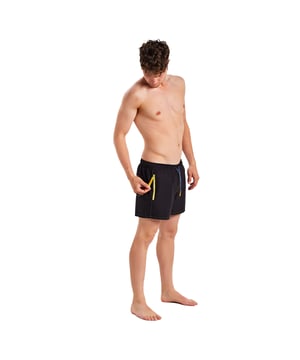 Men's Munich mid-length swim trunks with a sporty and practical design.\n\n This mid-cut swimsuit combines functionality and style with distinctive details on the sides and a vertical logo on the leg. Its elastic waistband with an adjustable drawstring provides a comfortable fit, ideal for moving freely both in the water and during outdoor activities.\n\n In addition to its side and back pockets with Velcro closure, it features a hidden interior pocket, perfect for safely storing small personal items.\n\n Details:\n - Type of garment: Men's long swimsuit.\n - Waist: Elastic with adjustable drawstring.\n - Length: Medium, above the knee.\n - Design: Side details and logo on the leg.\n - Pockets: Side, back with velcro and inside pocket.\n\n Ideal for those looking for a men's swimsuit with good coverage, comfort, and a sporty touch for summer.\n Composition: 94% Polyester, 6% Elastane\n Care:\nHand wash. Do not tumble dry. Do not iron. Do not bleach.
