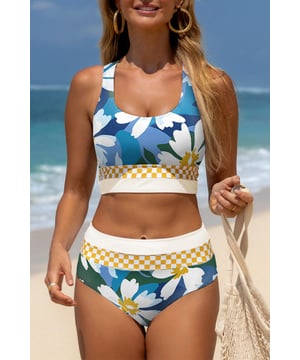 Lebhaftes Blumendruckdesign für einen strahlenden Sommerstil  
Racerback-Design für zusätzlichen Halt und Komfort  
Ausschnittdetails für einen trendigen und einzigartigen Akzent  
Hoch taillierte Badeslips für eine schmeichelhafte und bequeme Passform  
Material: 85% Polyester 15% Elasthan