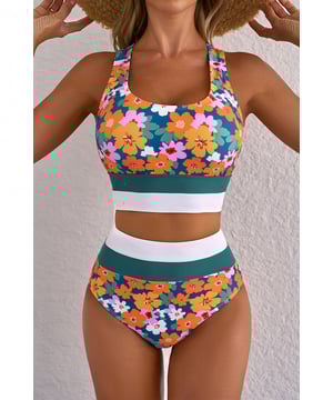 Vibrant floral print for a lively summer look
  Racerback top design for added support and comfort
  Trendy cutout detailing for a unique touch
  High
  waist bottoms for a flattering and comfortable fit
Material: 85% Polyester 15% Elastane