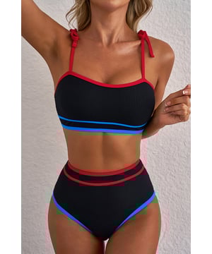 High waist swimwear for a flattering and comfortable fit
  Ribbed bikini set with triple color trims
  Unique knot straps for added flair and personality
  Trendy two
  piece set
Material: 82% Polyamide 18% Elastane