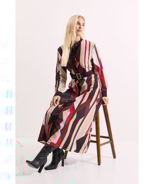 Contrast Collar Printed Belted Midi Dress