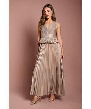 Sleeveless design with elegant V-neckline and matching V-back for a sophisticated silhouette
        Striking metallic finish that catches the light beautifully with every movement
        Feminine peplum detail at the waist creates a flattering shape and adds visual interest
        Dramatic pleated maxi skirt that flows gracefully to the floor
        Structured waistband that defines and accentuates your natural waistline
    
    This stunning Coast maxi dress combines timeless elegance with contemporary flair, perfect for those special occasions when you want to make a lasting impression. The sleeveless cut and V-neckline create a graceful frame for your dcolletage, while the peplum detail adds a touch of classical sophistication at the waist. The pleated maxi skirt creates beautiful movement as you walk, making it ideal for summer weddings, race day events or formal garden parties. Style with delicate strappy heels as shown and a clutch bag for a polished ensemble. For cooler evenings, layer with a lightweight pashmina or tailored jacket. This versatile piece works beautifully for both daytime celebrations and evening affairs, ensuring you'll be the epitome of refined glamour at any occasion.