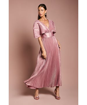 Striking batwing sleeves with pleated detail create a dramatic silhouette
        Plunging V-neckline adds a touch of allure to this occasion dress
        All-over pleated metallic fabric catches the light with every movement
        Defined waistband creates a flattering, cinched silhouette
        Elegant midi length perfect for sophisticated formal events
    
    Make a statement at your next special occasion with this show-stopping Coast batwing pleated metallic midi dress. The architectural pleating creates mesmerising texture and movement, whilst the dramatic batwing sleeves offer a contemporary twist on occasion wear. The deep V-neckline balances the structured upper portion beautifully, leading to a cinched waistband that defines your silhouette. Style with strappy heeled sandals and statement drop earrings as seen on the model for a wedding guest ensemble that commands attention. This versatile piece transitions effortlessly from daytime garden parties to evening receptions - simply switch your accessories to match the formality of the event. Perfect for those seeking to combine sophistication with modern design at the races, formal celebrations or graduation ceremonies.