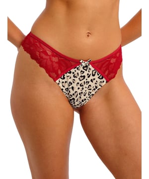 Freya Cherish Me Thong. Mid rise thong with printed fabric, stretch lace and contrast binding. Product is recommended gentle wash only.