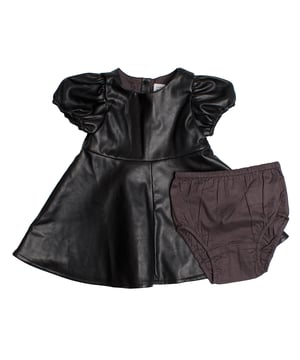 Faux leather dress GAP for baby girls with matching panties and puff sleeves\n\n This GAP baby girl's dress offers a modern and sophisticated design thanks to its faux leather finish. With puffed sleeves and matching bottoms, it's perfect for special occasions where you want an elegant look without sacrificing comfort.\n\n Details:\n Fabric with a soft and flexible leather-effect finish.\n Flared cut with a wide fall.\n Short puffed sleeves with elastic.\n Back with button closure for easy dressing.\n Front seam with decorative pleat.\n Includes matching panties with elastic waistband.\n\n A modern and chic baby girl dress, ideal for wearing to celebrations with a unique and comfortable style.\n Composition: Dress: 100% Polyester; Panties: 100% Cotton\n Care:\nHand wash cold inside out.\n Do not use bleach.\n Do not use a dryer.\n Do not iron.