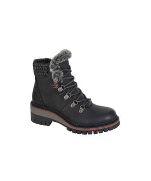 Tackle the season in style with the Cipriata Teodora Womens Memory Foam Ankle Boots. Crafted in sleek Black PU, these boots feature a rugged hiker-inspired design with D-ring lacing and a convenient inside zip for easy wear.
 The textile padded collar and lining provide added warmth and comfort, while the memory foam sock cushions every step for all-day support. Finished with a durable TPR sole, these ankle boots are built to handle both city streets and weekend adventures.
 Perfect for pairing with jeans, leggings, or layered looks, the Teodora boots are your go-to for functional fashion this season.

- Black PU upper
 - Side zip closure
 - D-Ring Lace-up front
 - Memory Foam sock cushioning
 - Textile padded collar & lining
 - TPR Sole