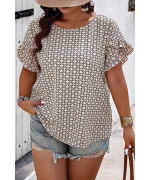Khaki Plus Size Geometrisch Patroon Blouse met Rimpels
  Gedurfde en stijlvolle geometrische print
  Plus
  size pasvorm voor comfort en een flatterende silhouet
  Rimpel mouwen voor een speelse en vrouwelijke uitstraling
  Klassiek ronde hals ontwerp
  Maatopties beschikbaar van 1X tot 4X
Materiaal: 100% Polyester