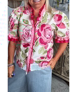 Bluse mit floralem Print in Übergröße  
  Rüschenausschnitt  
  Rüschenshortsärmel  
  Leichtes und bequemes Material  
  Passt gut zu Jeans, einfarbigen Hosen und Röcken  
Material: 100% Polyester  