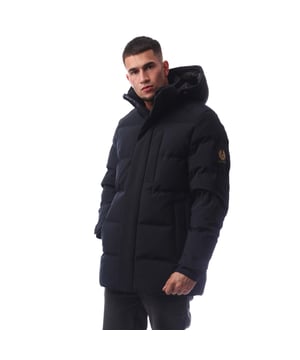 Mens Belstaff Pendulum Down Jacket in inkwell.- Adjustable drawcord hood.- Double centre front zip fastening  snap button placket.- Two side pockets  internal pocket.- Adjustable storm cuffs with thumbholes.- Adjustable drawcord hem.- Fleece-lined chin guard.- Belstaff silicone logo on placket and cuffs  woven logo on sleeve.- Water-repellent padded.- 3-Layer Stretch Down.- 90% Polyester  10% Elastane.- Ref: 105314DKINK