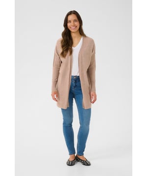 Dit open vest voor dames heeft een relaxed model met lange mouwen en ribboorden. De zachte stof en klassieke pasvorm maken dit vest geschikt voor uiteenlopende gelegenheden.