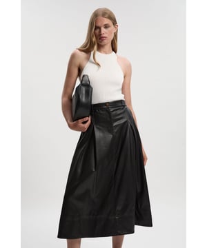 Faux Leather Tailored Full Midi Skirt