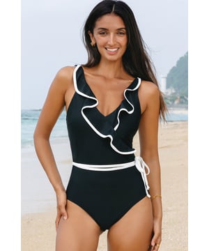Our styles are designed with a trendy fitted look in mind following an international size standard. For the best fit we suggest choosing one size up from your usual. Be sure to check our sizing chart to find your perfect match!
  Striking color
  contrast design
  Flirty and feminine delicate ruffled details
  Flattering V
  neck wrap style
  Waist tie detail that cinches at the waist
  High elasticity for a comfortable and secure fit
  Sizes: S (US 4
  6) M (US 8
  10) L (US 12
  14) XL (US 16)
Material: 82% Polyamide 18% Elastane