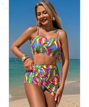Abstract print adds a unique and artistic touch
  Textured fabric provides a distinctive look and feel
  Spaghetti straps offer a delicate and elegant style
  High waist bottoms provide more coverage
Material: 85% Polyester 15% Elastane