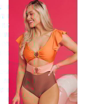 Ruffle sleeve swimsuit
  Vibrant tricolor design
  Cutout patchwork detailing
  Front
  ring accent
Material: 82% Polyamide 18% Elastane