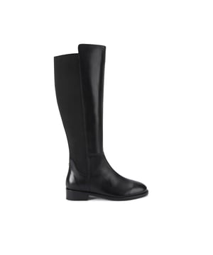 This Carvela Pienza 5050 boot is crafted from a black leather with elasticated panel at the back of the shaft. The toe is rounded and there is a small gold Icon C pin stud at the back of the ankle. Shaft height: 37cm.