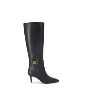 This Kurt Geiger Brixton Knee Boot is crafted from a black leather. There is a simple strap around the ankle with a statement antiqued brass padlock detail. Heel height: 6.5cm.