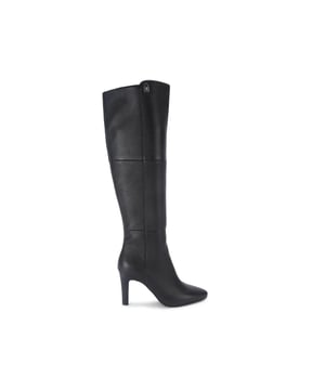 This Kurt Geiger Panelled Knee Boot is crafted from a black pebble grained leather with a small antiqued silver padlock detail on the outer side of the ankle shaft. Heel height: 8.5cm.