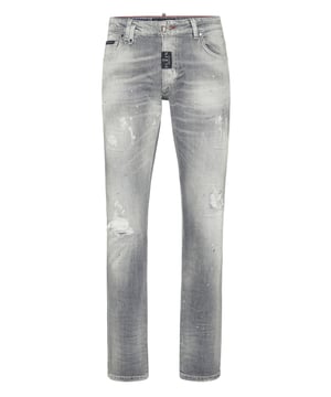 Denim broek met 5 zakken met originele geprinte patronen.                                                                 Stone washed denim met slijtage   PP Hexagon Logo op een saffiaan lederen badge genaaid op de rechter achterzak   Enkele metalen knoop   Pasvorm: Super recht