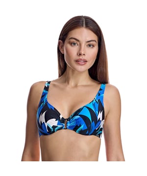 Dit bikinitopje combineert een opvallend ontwerp met een ondersteunende structuur. De geometrische print met tropische invloeden geeft het een moderne en levendige touch - perfect om op te vallen op het strand of bij het zwembad.\n\n Details:\n - Bikinitop met beugel.\n - Verstelbare en aansluitende bandjes voor betere ondersteuning.\n - V-hals met decoratief, wasmachine-achtig middendetail.\n - Klipsluiting op de rug.\n - Sneldrogend en chloorbestendig materiaal.\n\n Bikini's zijn ongetwijfeld een van de favoriete zwemkledingitems van vrouwen. Het bikinitopje speelt een cruciale rol om er mooi uit te zien en om je mooi te voelen. Wij werken aan ontwerpen die je een elegant en mooi gevoel geven zonder vulgair te zijn.\n\n Onze bikinitops passen perfect bij elke borstvorm en -grootte, zonder uitzondering.\n Samenstelling: 80% polyamide, 20% lycra\n Onderhoud:\nHandwas.\n Geen bleekmiddel gebruiken.\n Niet in de droger.\n Niet strijken.\n Niet chemisch reinigen.\n Niet uitknijpen.