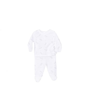 Babidu babyset.\n Set met lange mouwen en lange broek.\n Ronde hals met geribde boorden.\n Naden met reliëf.\n Tekenopdrukken.\n Achtersluiting met knopen.\n Naden zichtbaar in toon.\n Samenstelling: 100% katoen\n Onderhoud:\nWassen op maximaal 40 °C.\n -Geen bleekmiddel gebruiken\n -Geschikt voor strijkijzer\n -Drogen op lage temperatuur