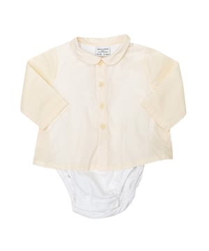 Lichaam met shirt met lange mouwen.\n Overhemd.\n Kraag met kapel.\n Knoopsluiting aan de voorkant.\n Body.\n Kliksluiting voor en in het kruis.\n Naden zichtbaar in toon.\n Samenstelling: 100% katoen\n Onderhoud:\n- Wassen op max. 30 °C.\n - Geen bleekmiddel gebruiken.\n - Strijken op lage temperatuur.\n - Ondersteunt chemisch reinigen.\n - Gebruik geen wasdroger.