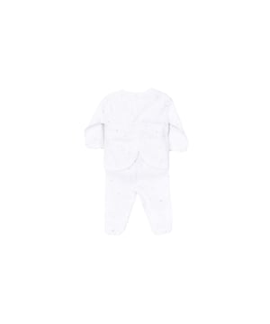 Babidu babyset.\n Set met lange mouwen en lange broek.\n Ronde hals met geribde boorden.\n Knoopsluiting aan de voorkant.\n Naden zichtbaar in toon.\n Samenstelling: 100% katoen\n Onderhoud:\nWassen op maximaal 40 °C.\n -Geen bleekmiddel gebruiken\n -Niet strijken\n -Drogen op lage temperatuur