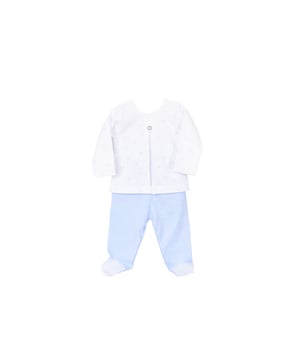 Babidu babyset.\n Set met lange mouwen en lange broek.\n Ronde hals met geribde boorden.\n Prints.\n Naden zichtbaar in toon.\n Samenstelling: 100% katoen\n Onderhoud:\nWassen op maximaal 40 °C.\n -Geen bleekmiddel gebruiken\n -Geschikt voor strijkijzer\n -Drogen op lage temperatuur