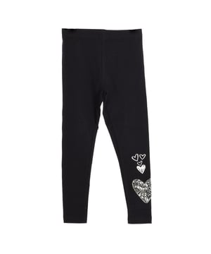 Lange legging van Desigual.\n Tailleband met elastiek.\n Hartjesprint.\n Naden zichtbaar in toon.\n Pailletten detail\n Samenstelling: 96% katoen, 4% elastaan\n Onderhoud:\nMachinewas max. 30°C.\n Geen bleek- of bleekmiddelen gebruiken.\n Strijken op lage temperatuur (max. 110°C). Niet in de droger drogen.