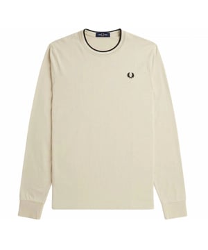 Experience timeless style and comfort with the Fred Perry Twin Tipped Neck Beige Long Sleeve T-Shirt. Crafted from 100% cotton, this oatmeal beige shirt offers breathable softness, making it ideal for everyday wear. The signature twin-tipped collar adds a classic, refined touch that effortlessly elevates your casual look. Designed for durability and comfort, it blends seamlessly with any outfit, whether layered or worn alone. Perfect for those who value quality and understated elegance, this long sleeve tee ensures you stay comfortable and stylish throughout the day. Made in China with attention to detail, it's a versatile addition to any wardrobe