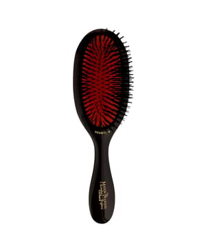 Experience the luxury of the Mason Pearson Pure Boar Bristle Handy Sensitive Brush in Dark Ruby SB3. Crafted with precision, this hairbrush is designed for daily use, ensuring gentle care for your hair and scalp. Its unique rubber cushion allows for effective air circulation, providing a soothing massage. The hand-finished plastic handle offers a comfortable grip. Ideal for thinning or fine hair, this brush includes a cleaning brush for easy maintenance. Dimensions: Overall length 8 1/2 inches, Head length 4 3/8 inches, Width 2 1/2 inches.