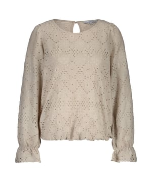 
<p>De Top Ajour is gemaakt van broderie en heeft een ronde hals. De top heeft lange mouwen met ruffles aan het eind en een druppelvormige opening met een knoop aan de achterkant. De Top Ajour heeft een elastische band aan de onderkant.</p>
<ul>
<li>Materiaal: 95%polyester 5%elastaan.</li>
<li>Valt op de maat.</li>
<li>Code: SRB4645</li>
</ul>