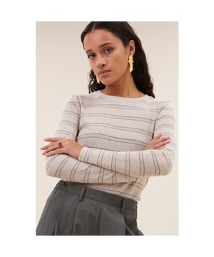 
Kleur: pearl grey stripe <br>
Materiaal: 69% polyester, 29% linen, 2% viscose<br>
Het model is 1,78m en draagt maat S